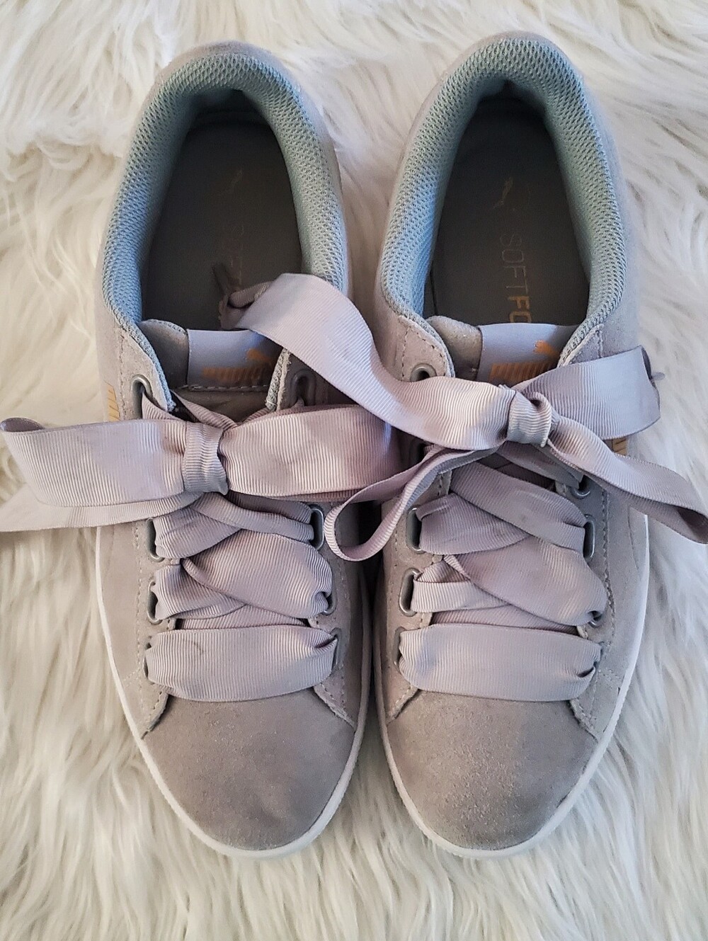 PUMA Vikky Ribbon Suede Sneakers Gray Satin Lace SoftFoam+ Women's Size 10 - Picture 5 of 11